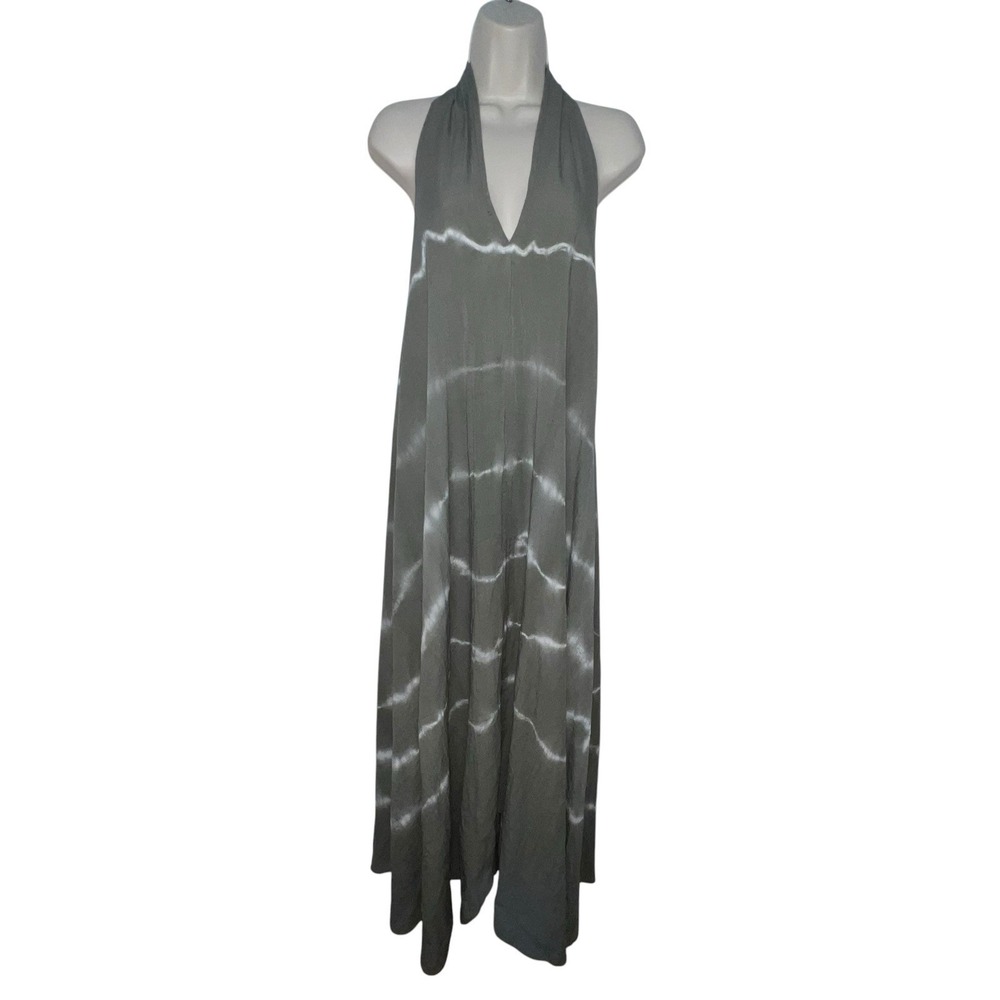 Vasna 100% Linen Halter Maxi Dress XL Oversized Lagenlook ‎ Italy Green Tie Dye